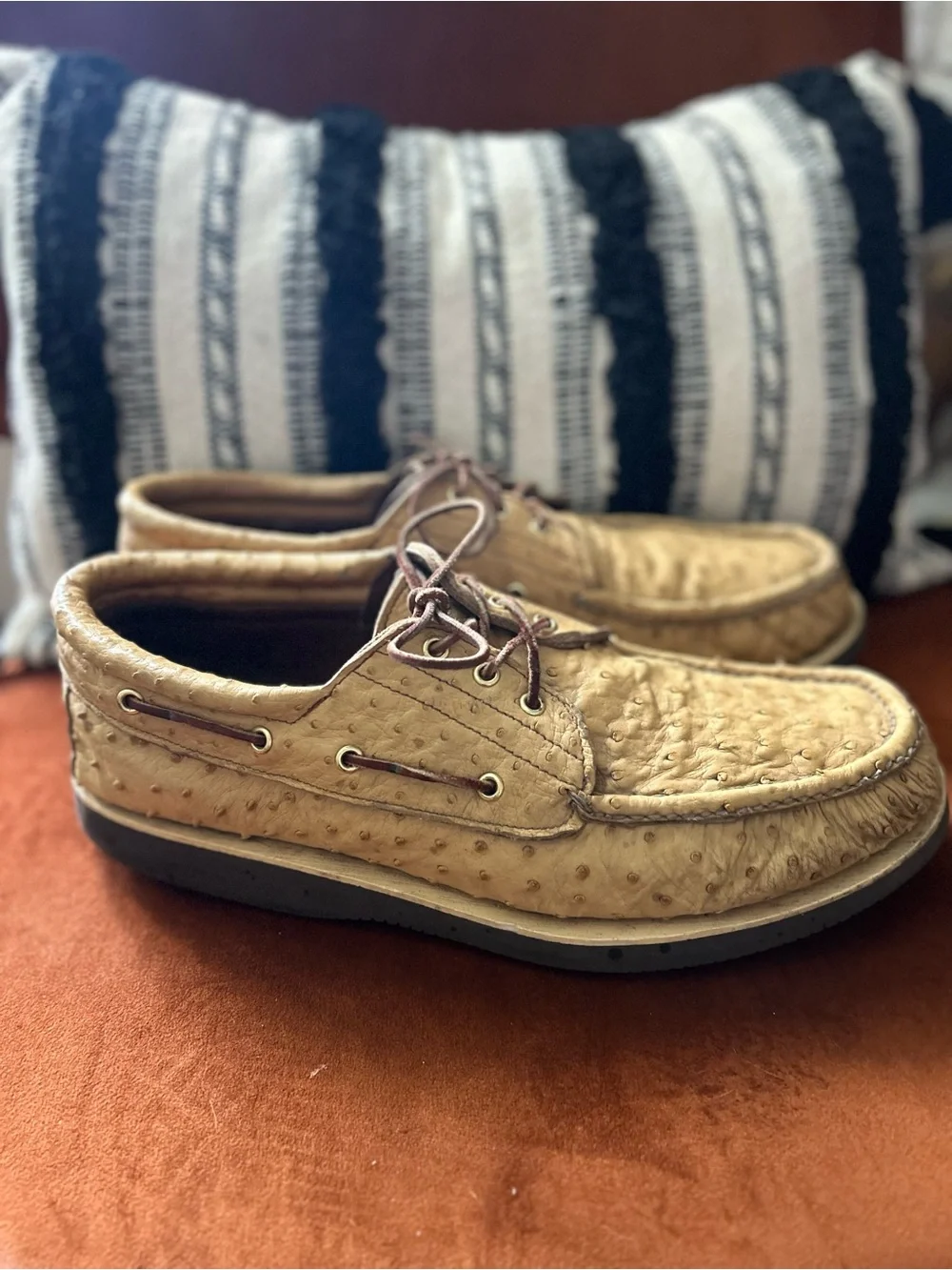 Men's Tan Ostrich-Texture Boat Shoes with Brown Laces